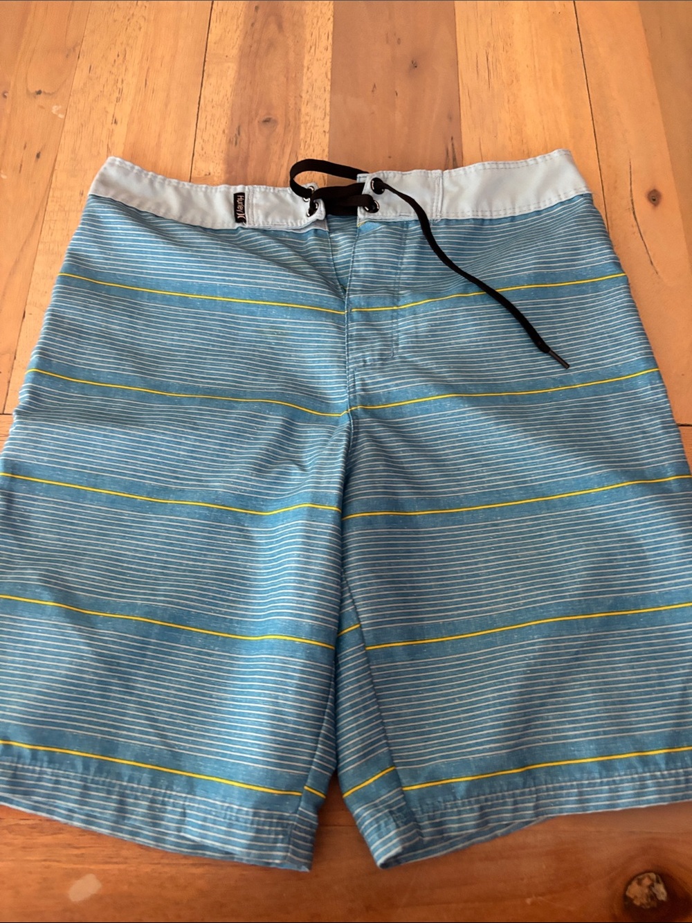 Hurley Light Blue Striped Kids Swim Trunks with Yellow Accents